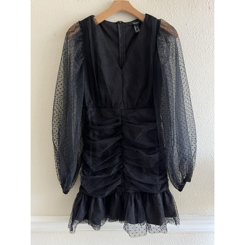 Forever 21 Small Black Ruched Sheer Sleeve Bodycon Dress Whimsigoth Romantic